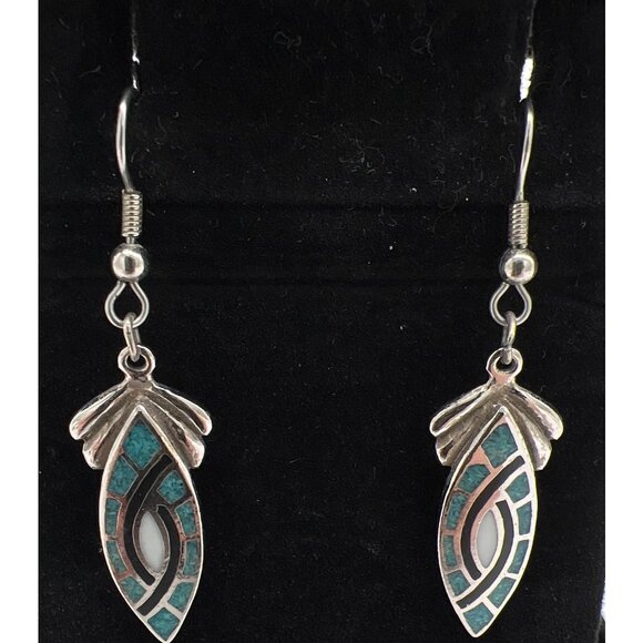 Vintage Silver-Plated Dangle Earrings With Turquoise & White Inlay Leaf Design H - Picture 2 of 6